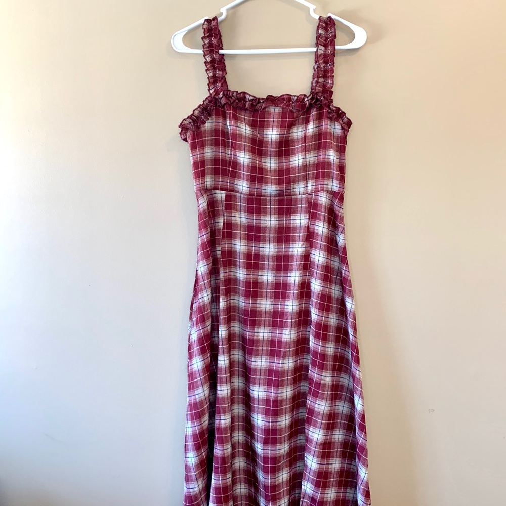 Check Ruffle Square Neck Split Leg Midi Dress